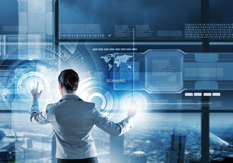 Image of businesswoman pushing icon on media screen-2