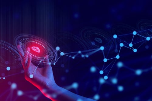 Digital human profile linked to a glowing network of data points, representing how connected organisations share cyber risk
