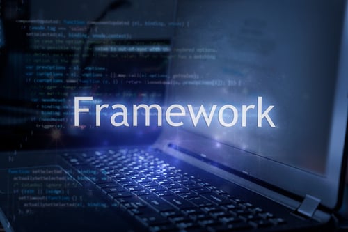 The word Framework over lines of source code, representing the ISO 27001 information security framework