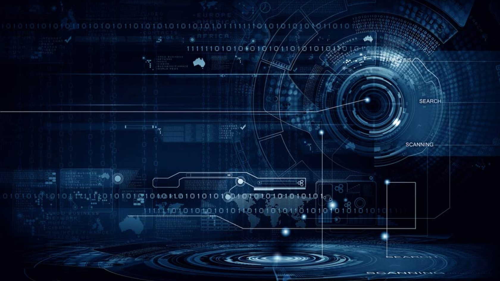 Abstract digital interface with a glowing scanning lens and data streams, representing threat intelligence analysis