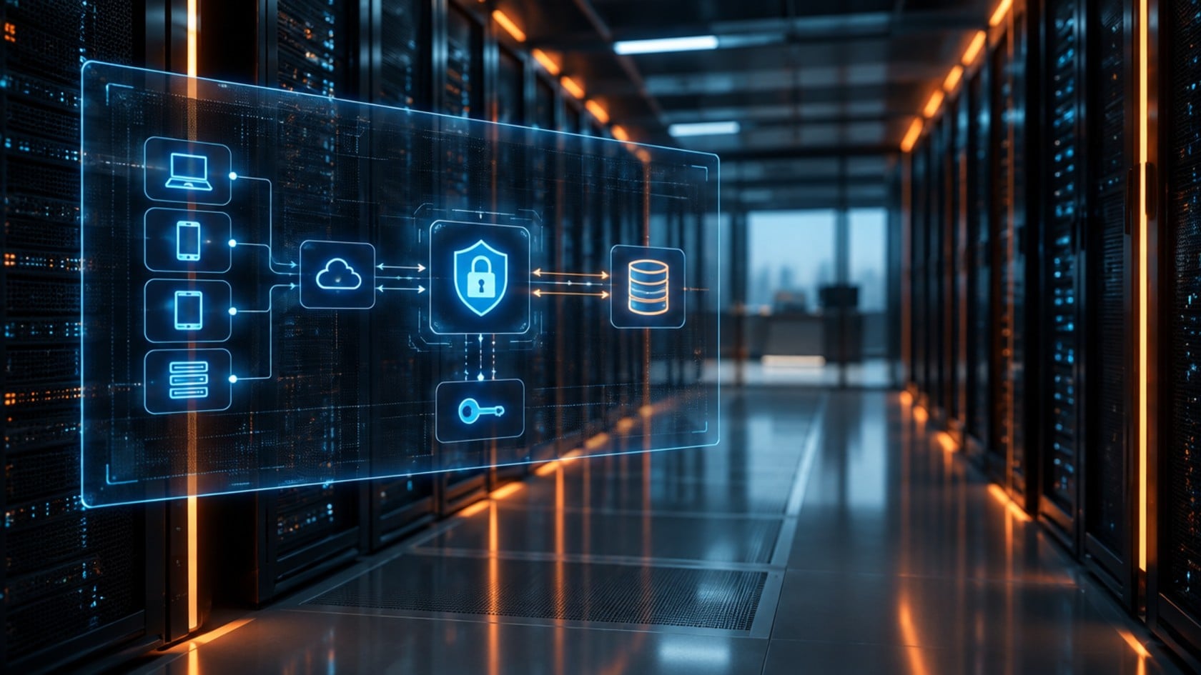 Holographic API gateway diagram with a padlock and key controlling requests between apps and a customer database in a server room