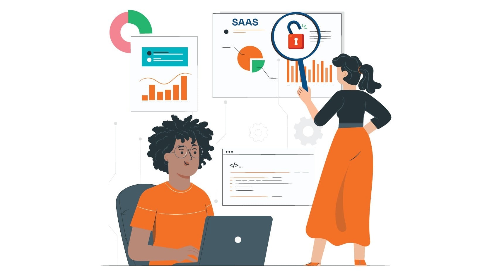 Illustration of two people reviewing security charts and dashboards, with a magnifying glass over an unlocked padlock, representing cybersecurity risk assessment