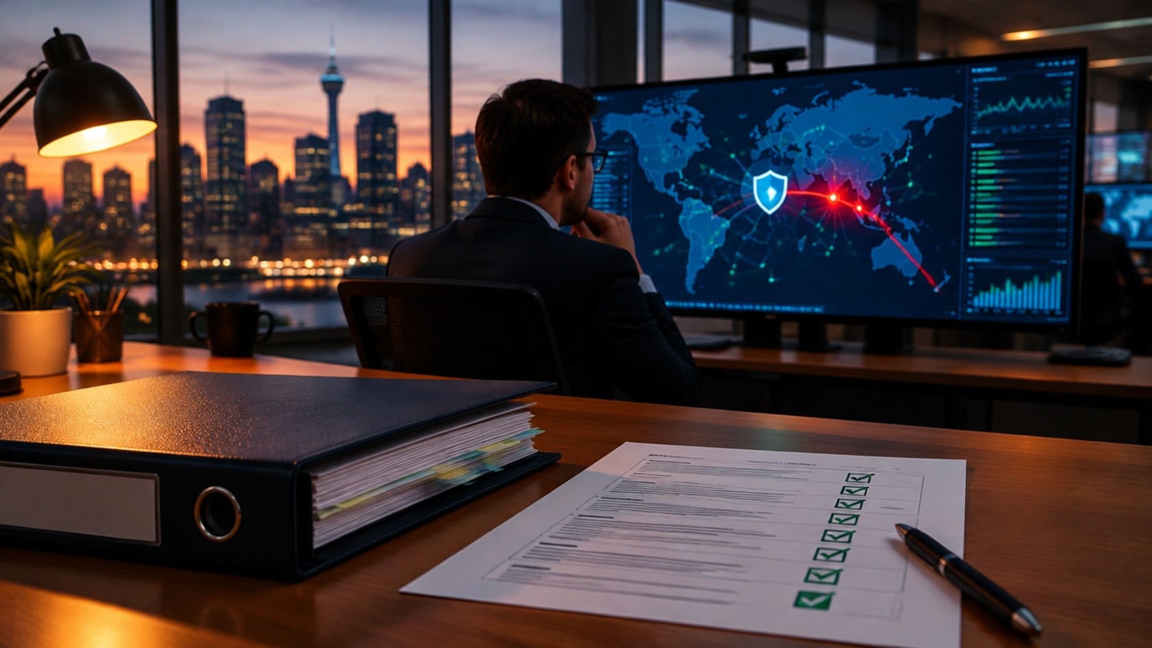 Security analyst watching a red alert breach a shield on a SOC network map in a Sydney office at dusk, with a compliance binder and ticked audit checklist on the desk