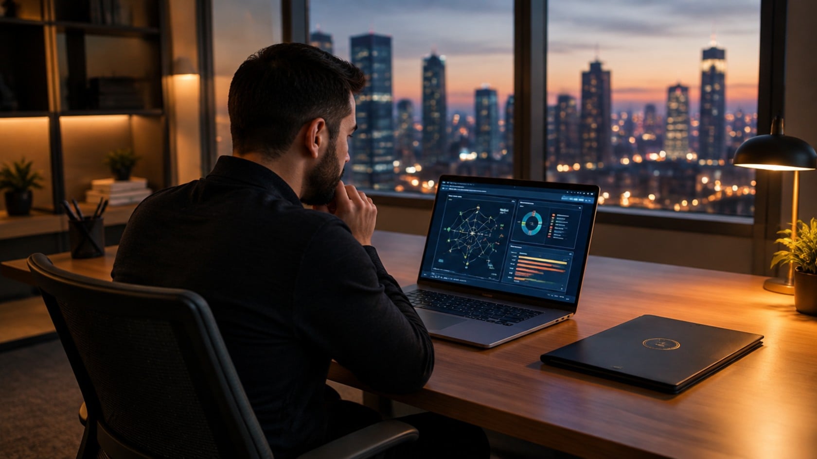 Penetration tester reviewing network security assessment results on a laptop at a city-view office desk at dusk, beside a folder embossed with an accreditation seal