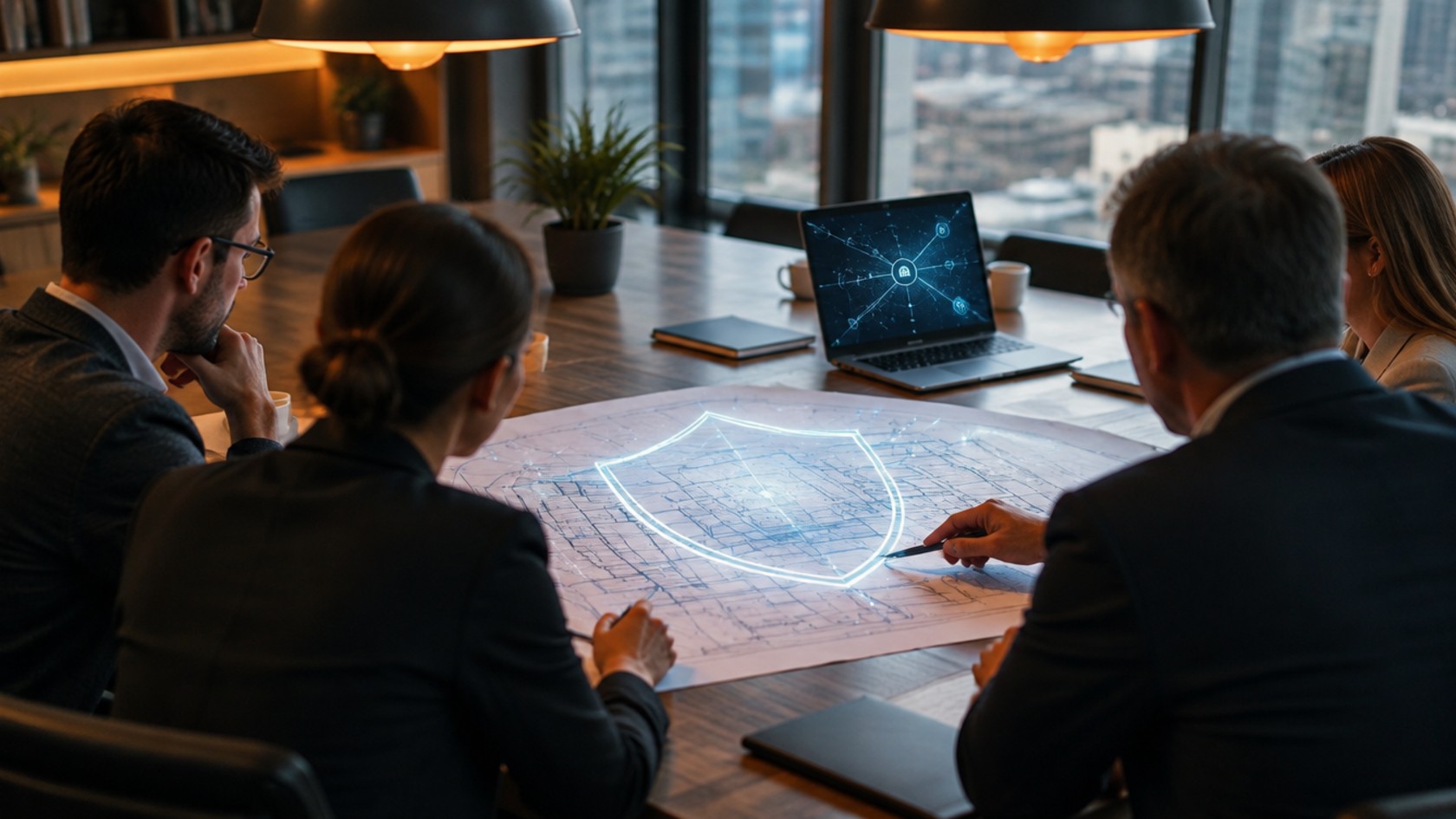 Leadership team in a boardroom reviewing a blueprint overlaid with a glowing security shield, beside a laptop showing a network diagram, illustrating security planned in from the design stage