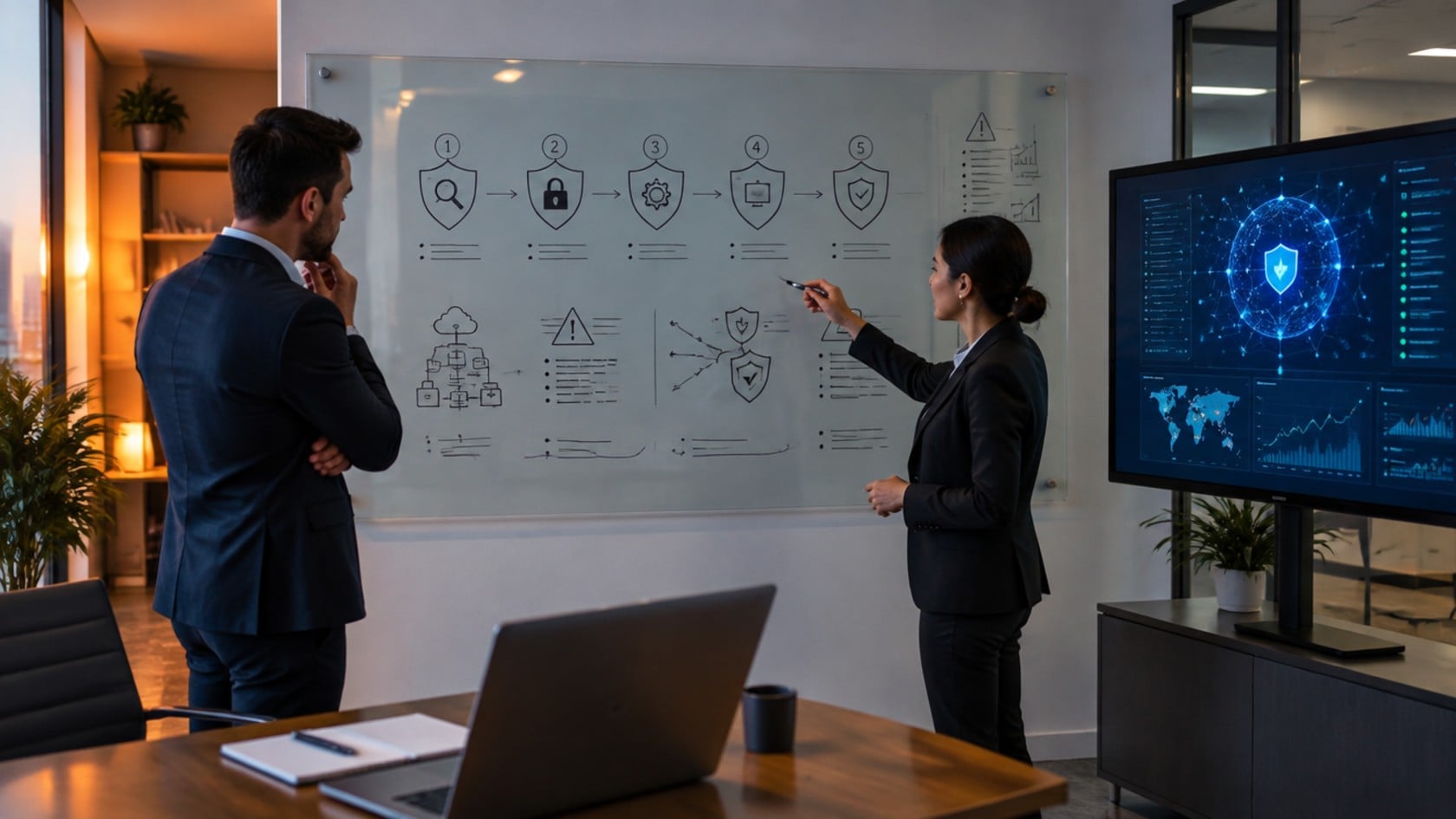 Two business professionals planning a five-stage cyber security strategy roadmap on a glass whiteboard beside a security monitoring dashboard