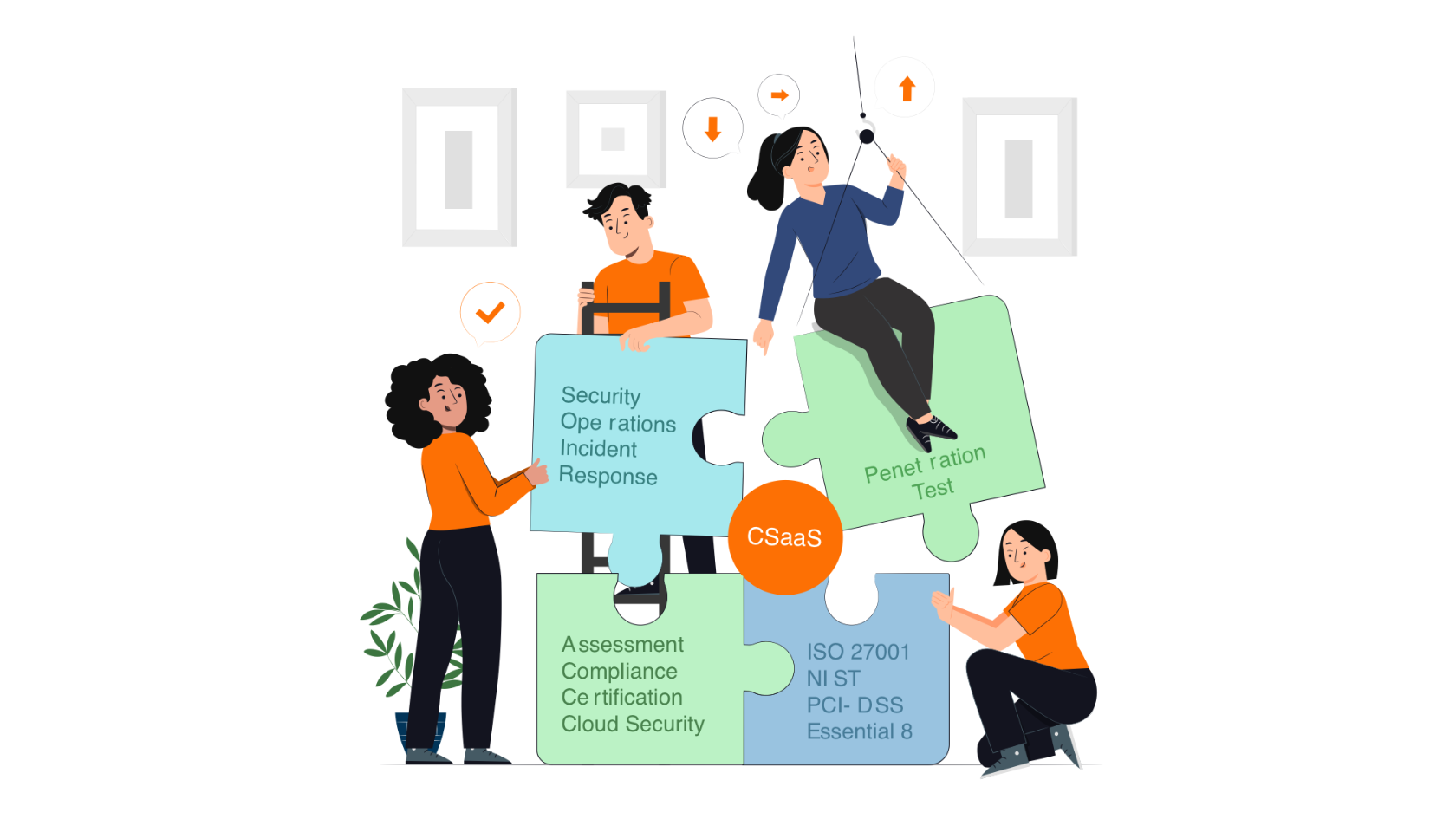 Illustration of a team fitting together puzzle pieces for security operations, compliance, penetration testing and ISO 27001, NIST, PCI DSS and Essential Eight around a central CSaaS piece