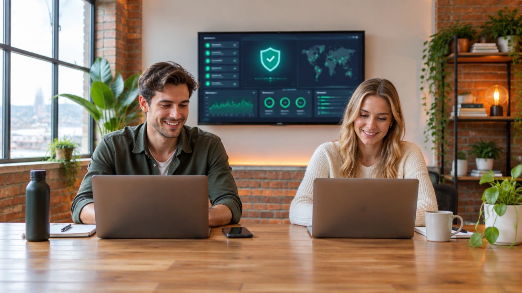 Two startup founders working on laptops in a small office while a wall screen shows a 24/7 cyber security monitoring dashboard