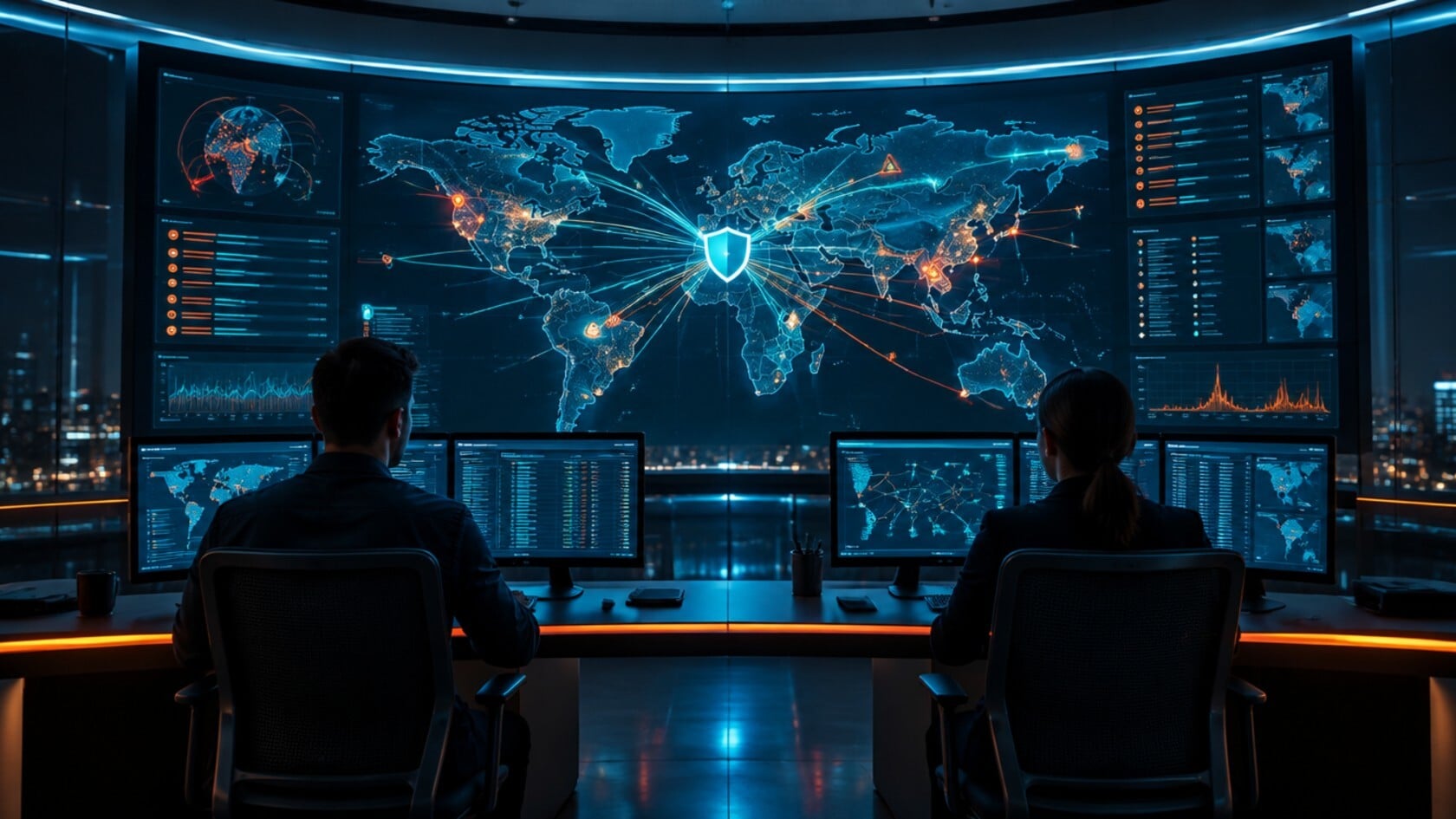 Two security analysts in a security operations centre monitoring a wall display of global threat intelligence data converging on a shield icon