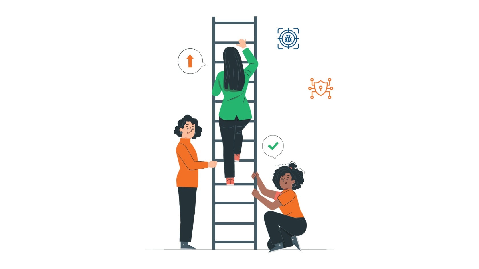 Illustration of a team helping a colleague climb a ladder surrounded by security icons, representing an organisation moving up the cybersecurity maturity model