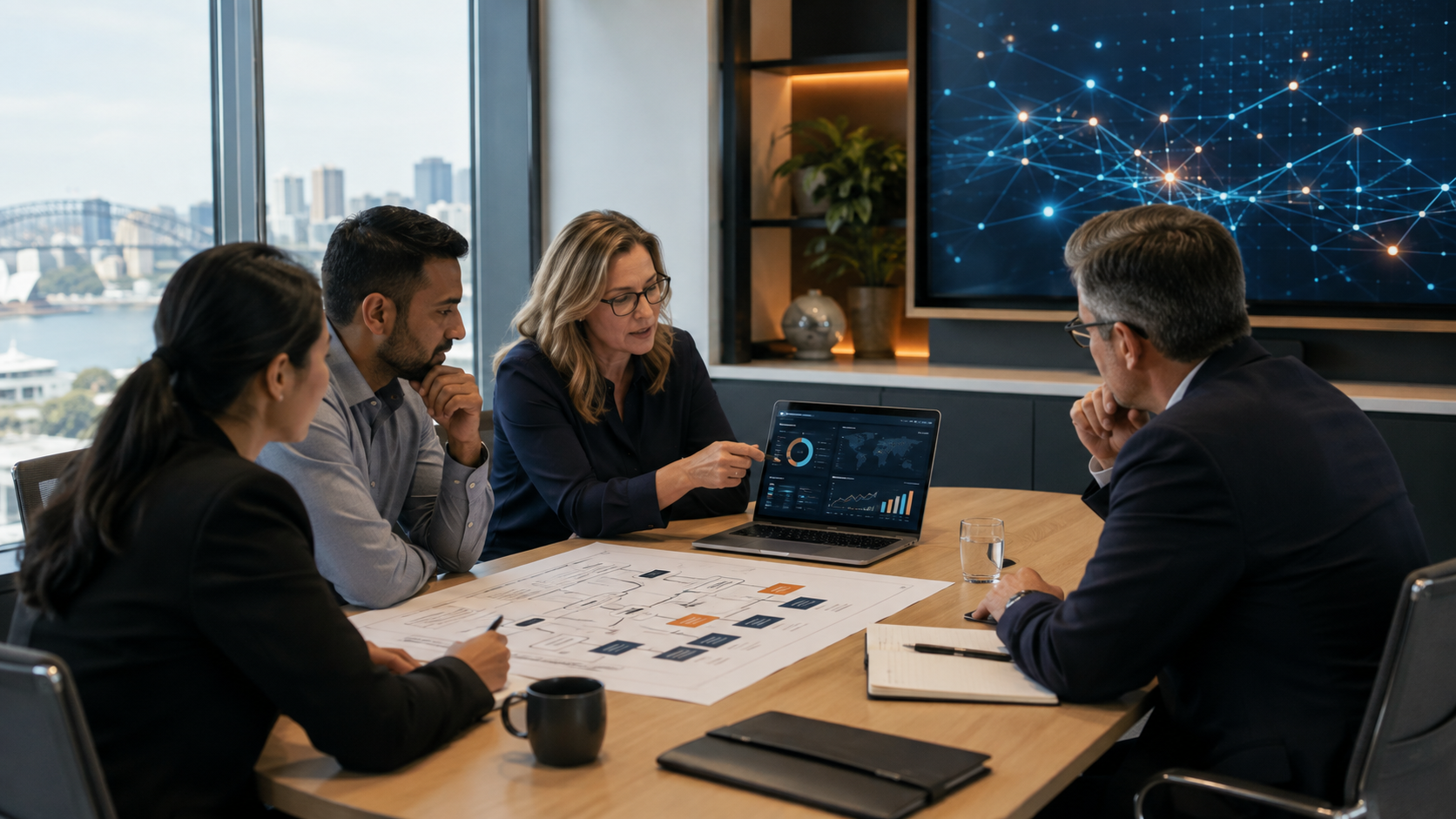 Business and IT leaders collaborating on a cybersecurity strategy in a modern meeting room.