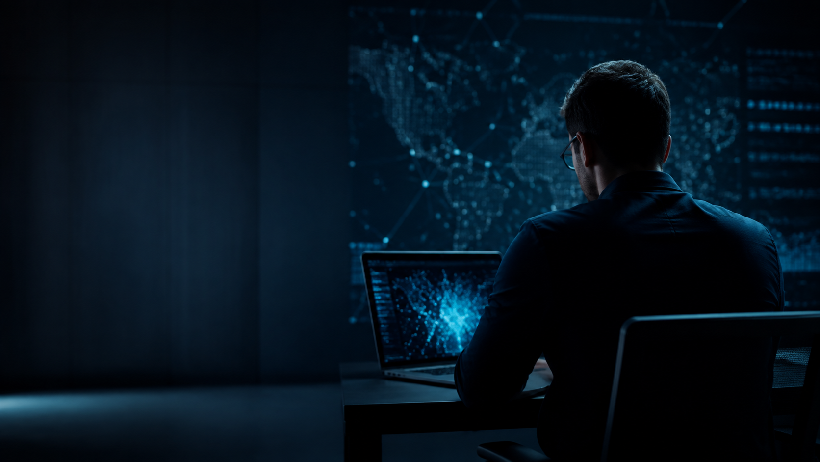 Cybersecurity analyst reviewing an encrypted network visualisation on a laptop