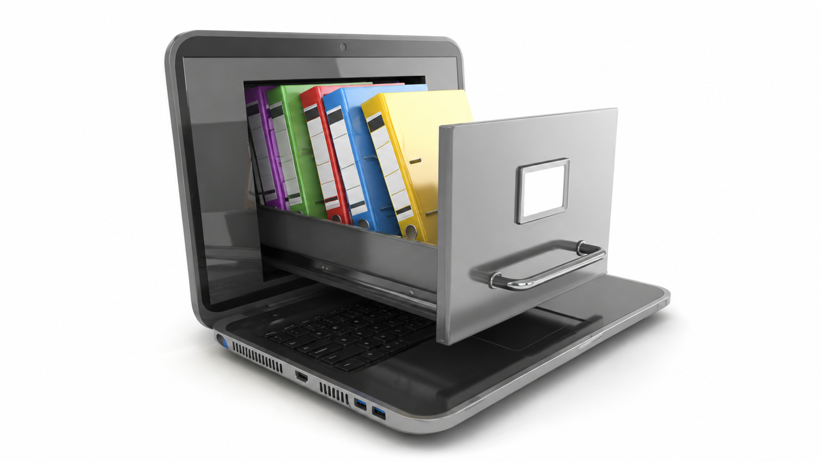 Laptop with filing cabinet and folders, illustrating telecommunications data retention.