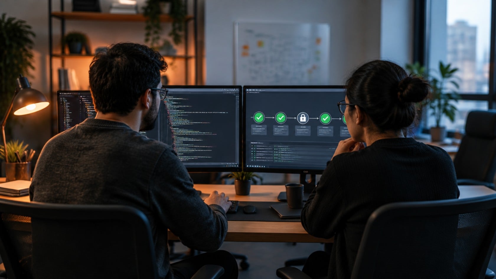 A developer and a security engineer working side by side at monitors showing code and an automated build pipeline with security checks