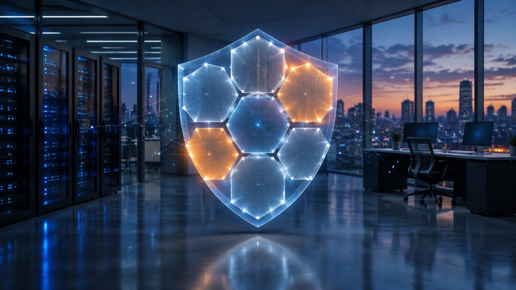 Glowing hexagonal security shield with orange-lit panels in a modern office with server racks, representing layered Essential Eight cyber defences