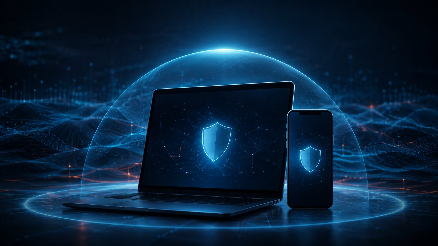 Laptop and smartphone protected by a digital shield, illustrating personal-information security against dark-web exposure.