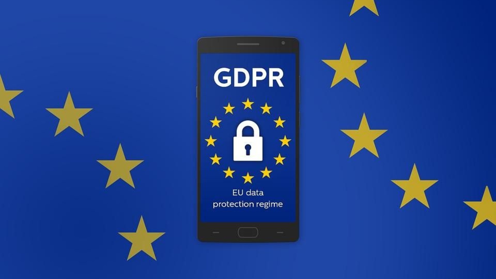 Smartphone showing a GDPR padlock icon ringed by EU stars on a blue EU flag background, representing EU data protection requirements.