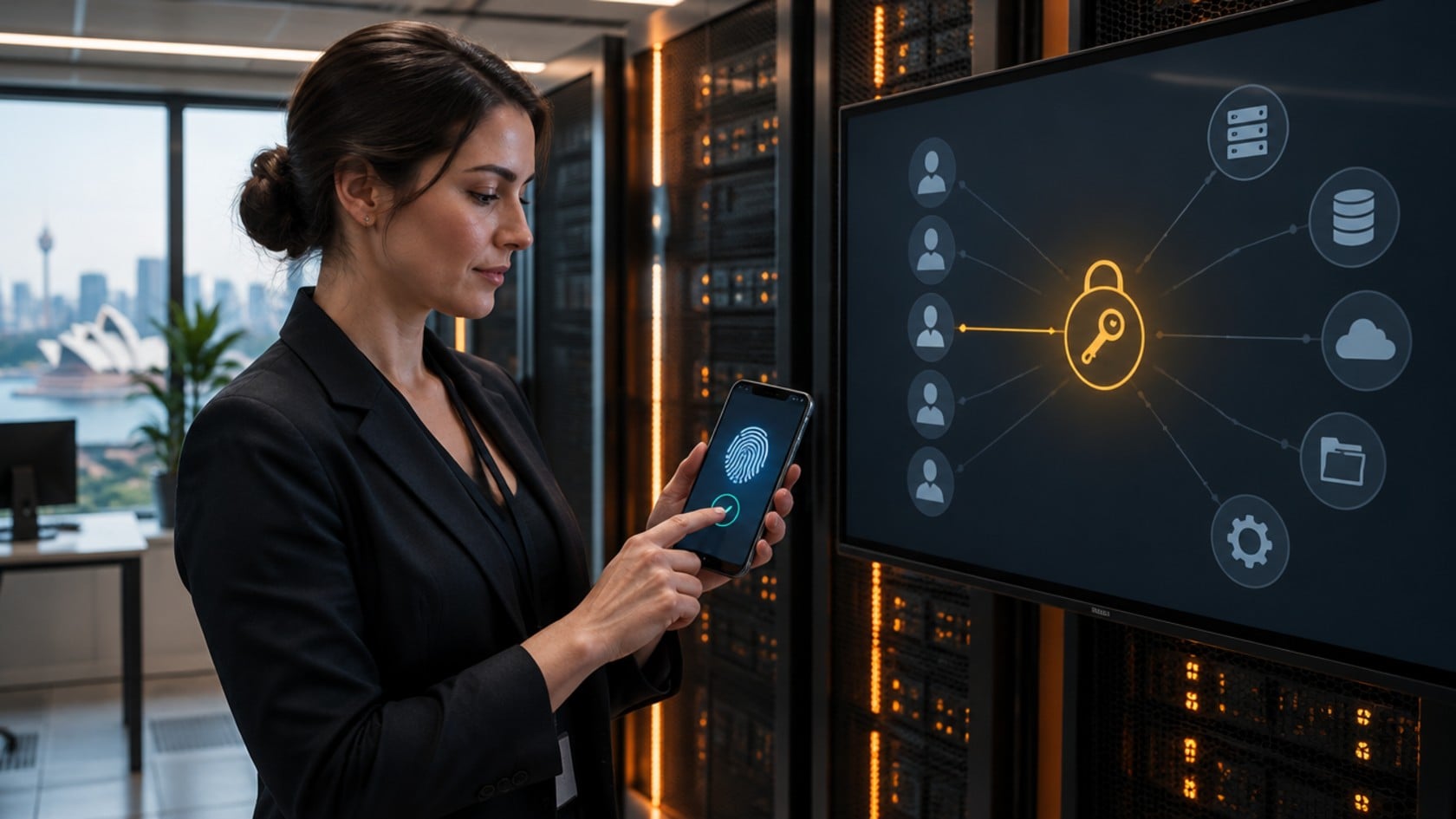 IT administrator in a Sydney server room approving privileged access with a fingerprint on her phone, beside a screen mapping user identities to systems through a padlock
