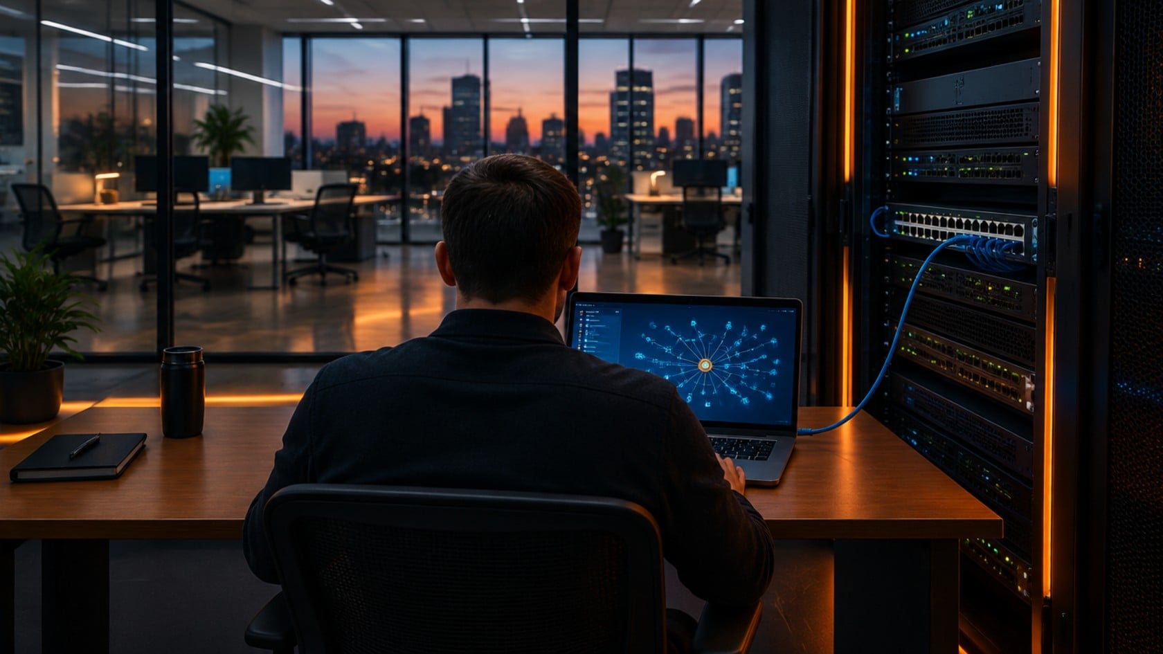 Security consultant at a laptop connected by cable to a network switch rack, mapping an internal network during an internal penetration test