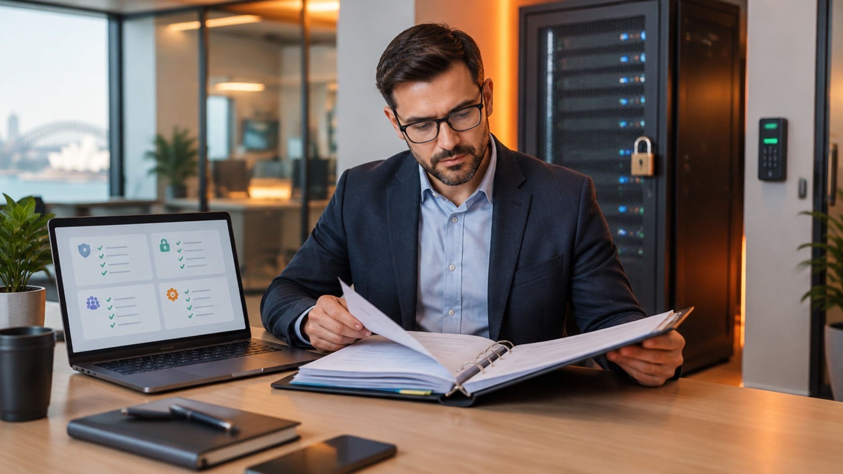 Information security manager reviewing ISO 27001 policies beside a laptop showing a controls checklist, with a locked server cabinet behind