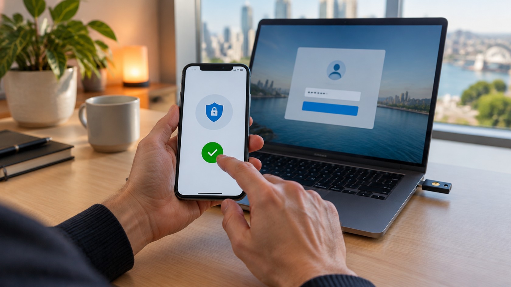 Employee approving a sign-in on a smartphone while a laptop shows a login screen with a security key plugged in