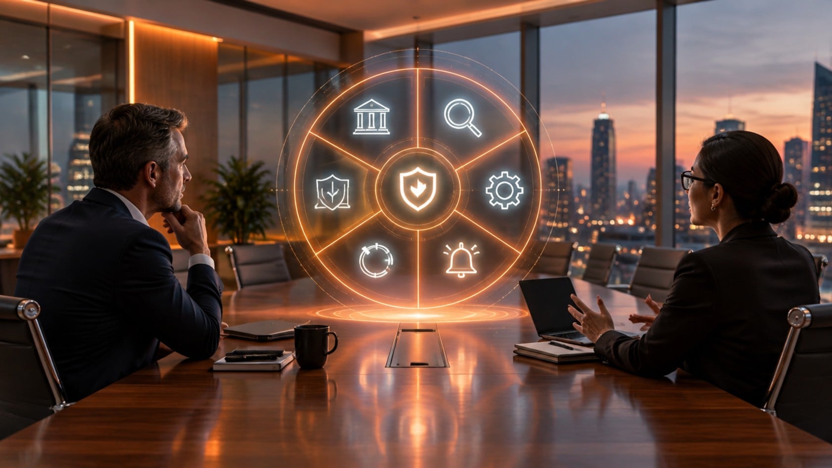Executive and security lead in a boardroom reviewing a glowing six-part cybersecurity framework wheel with a shield at its centre