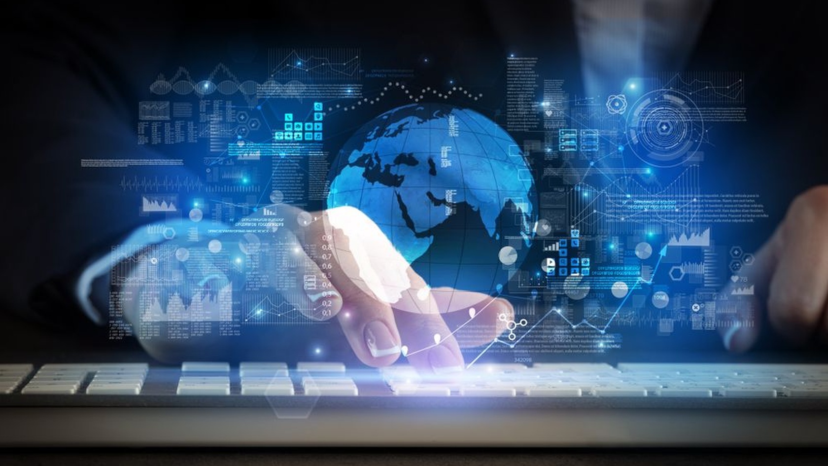 Hands typing on a keyboard beneath a digital globe and network graphics, illustrating cybersecurity risk management.