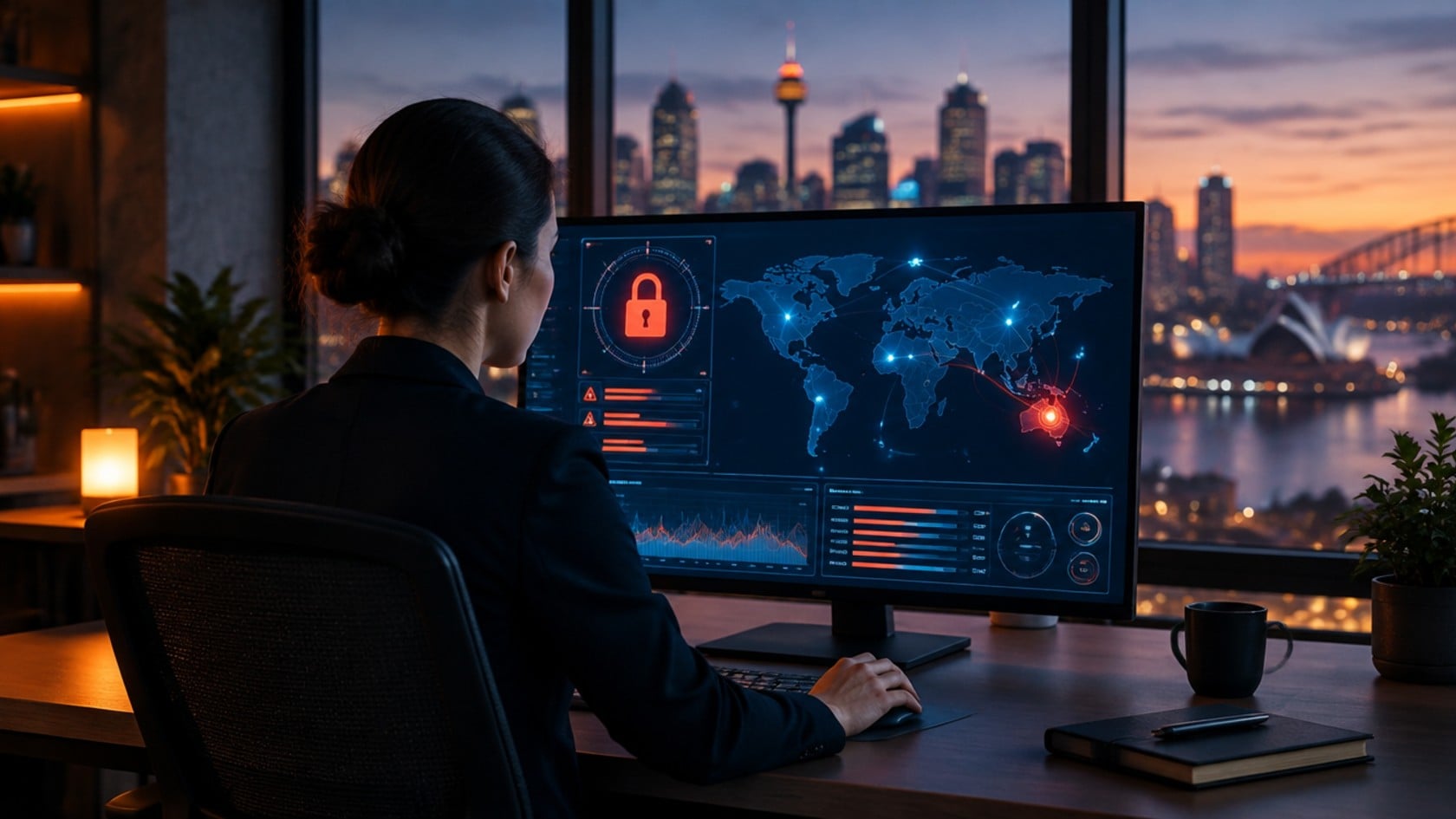 Security analyst reviewing a data breach alert on a monitor in an office overlooking the Sydney skyline at dusk