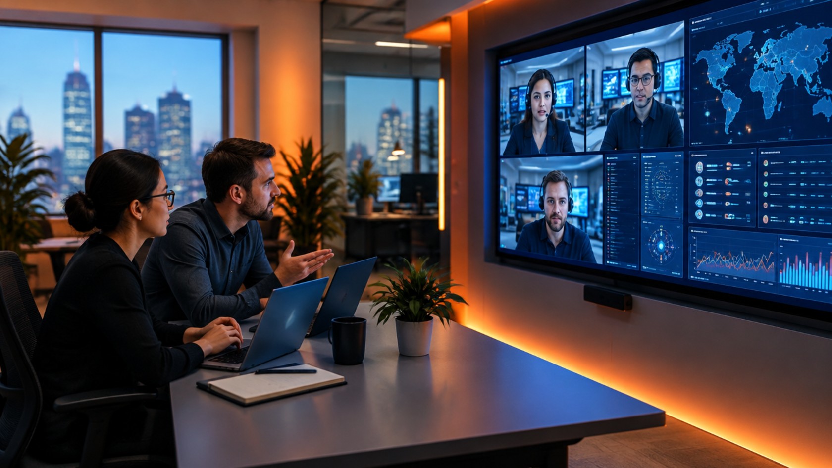 In-house security team meeting by video with an outsourced cybersecurity provider’s analysts in front of a monitoring dashboard