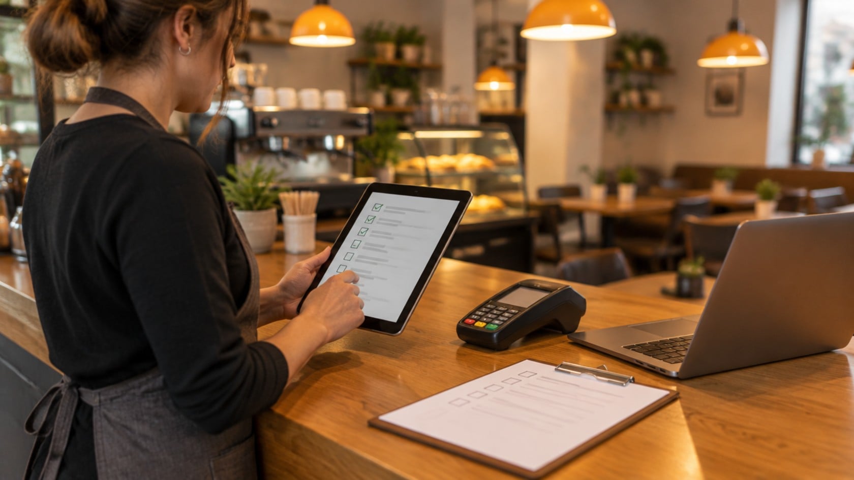 Café owner reviewing a compliance checklist on a tablet beside a card payment terminal, laptop and clipboard, representing a PCI DSS self-assessment questionnaire