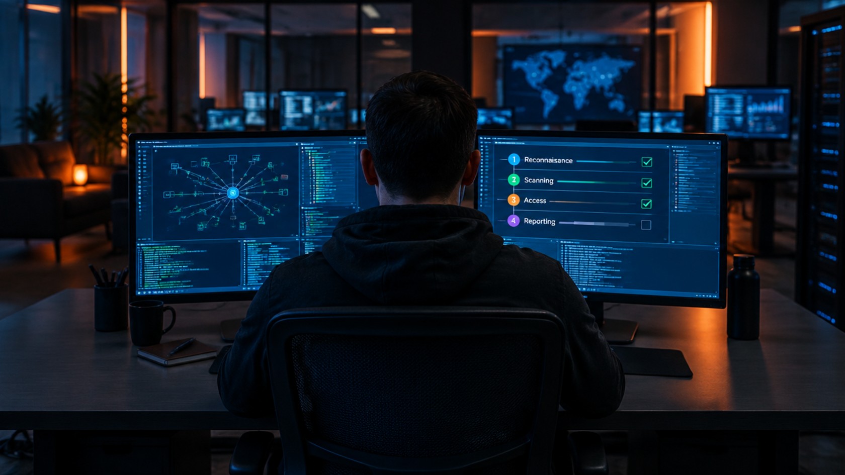 Penetration tester at a desk reviewing a network map and a checklist of testing stages from reconnaissance to reporting