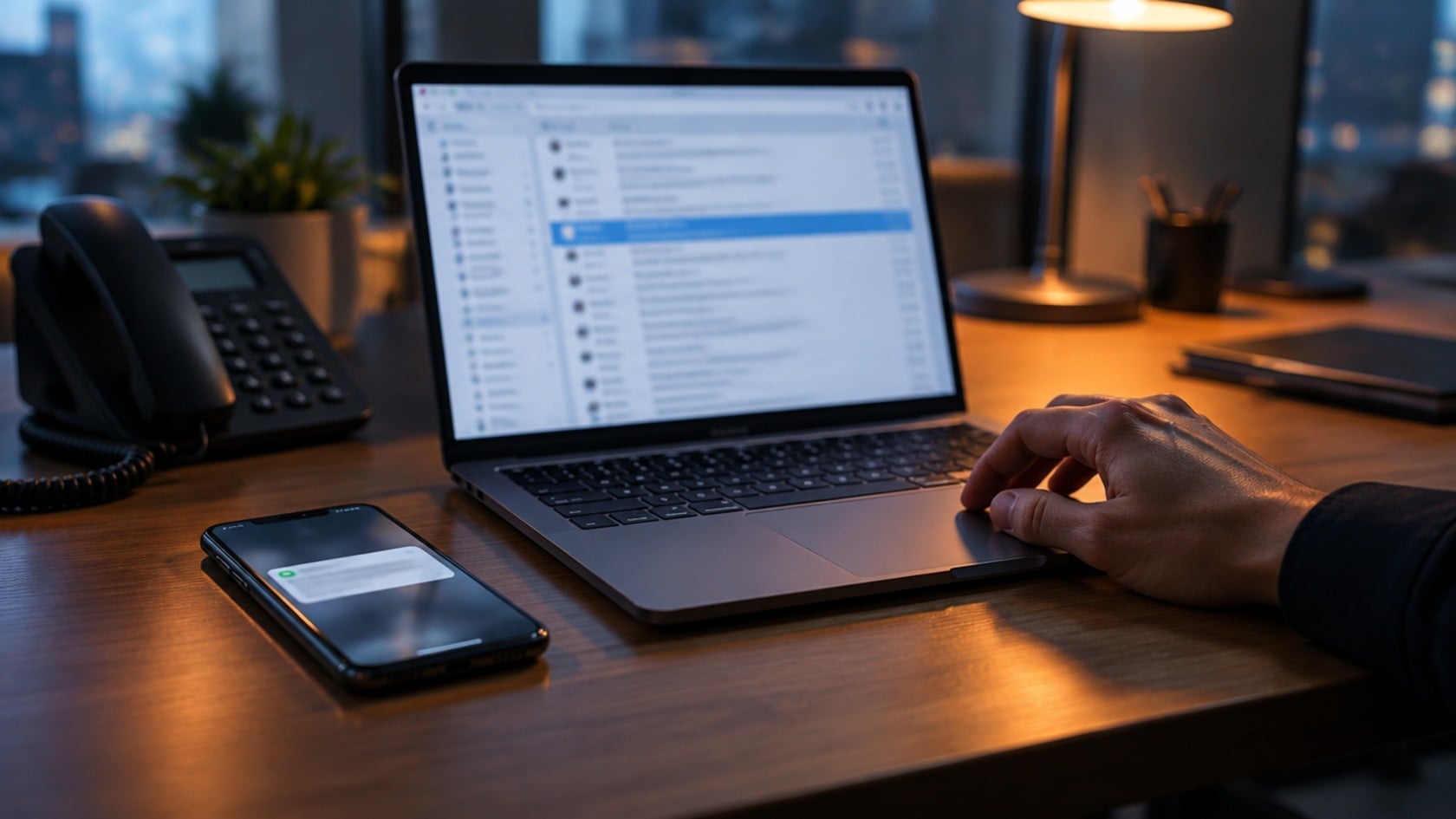 A smartphone showing a text message alert beside a laptop email inbox and a desk phone, representing phishing attacks by email, SMS and phone call.