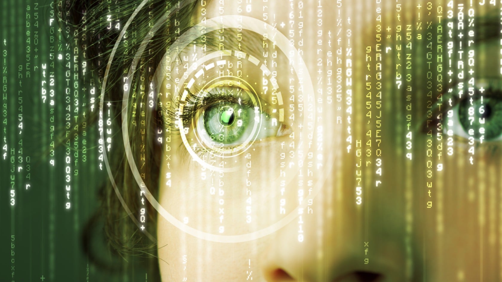 Close-up of a woman's eye framed by a digital targeting ring and streams of green code, illustrating proactive cyber threat hunting.
