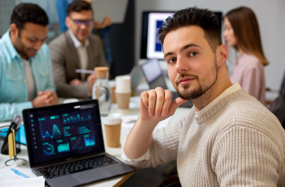 satisfied man with computer satisfied man with computer