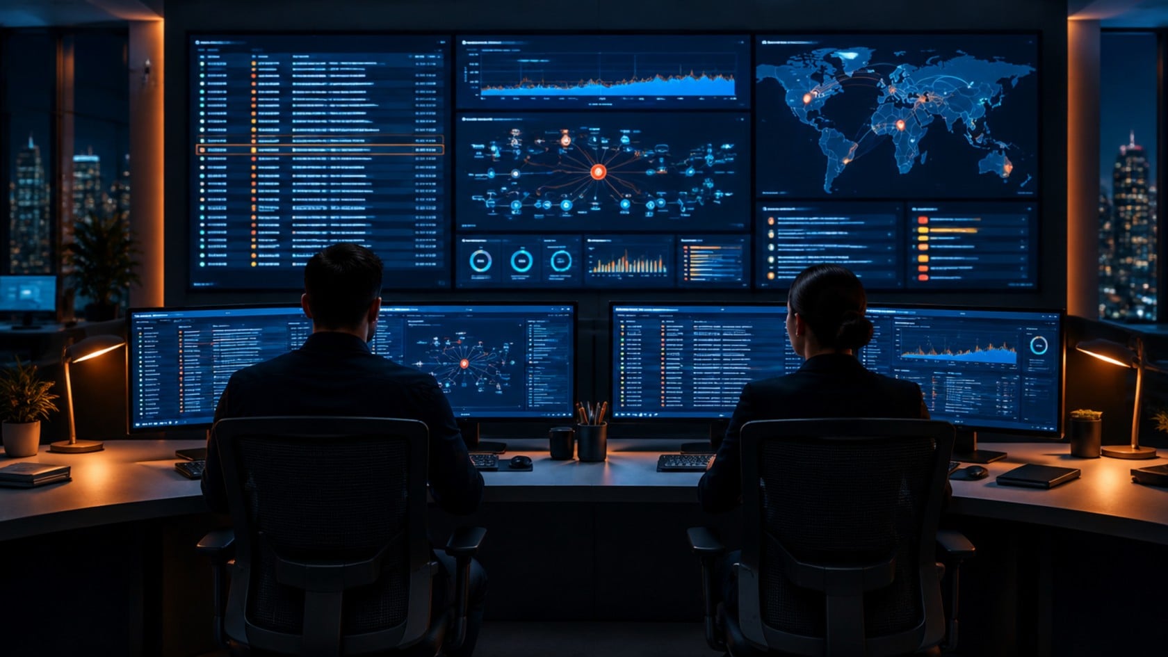 Two security analysts in a security operations centre at night, monitoring a wall of SIEM dashboards showing log timelines, alert graphs and a threat map