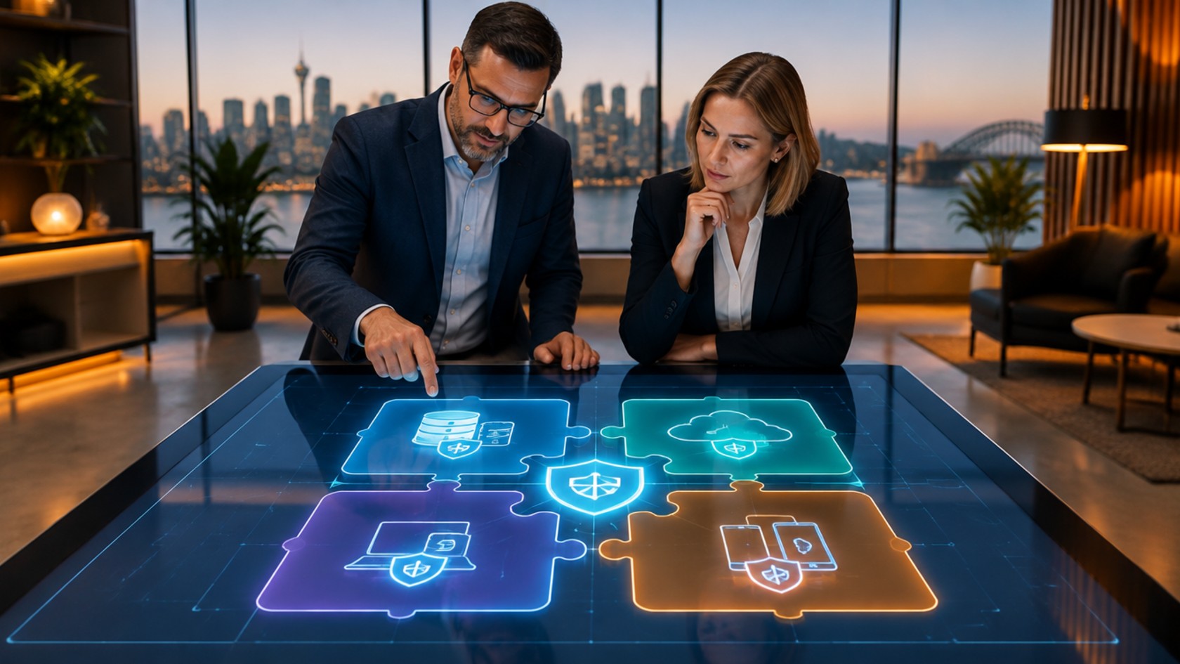 Cyber security consultant and business owner reviewing a tailored security plan on a touchscreen table, with business systems shown as fitted puzzle pieces, Sydney skyline behind