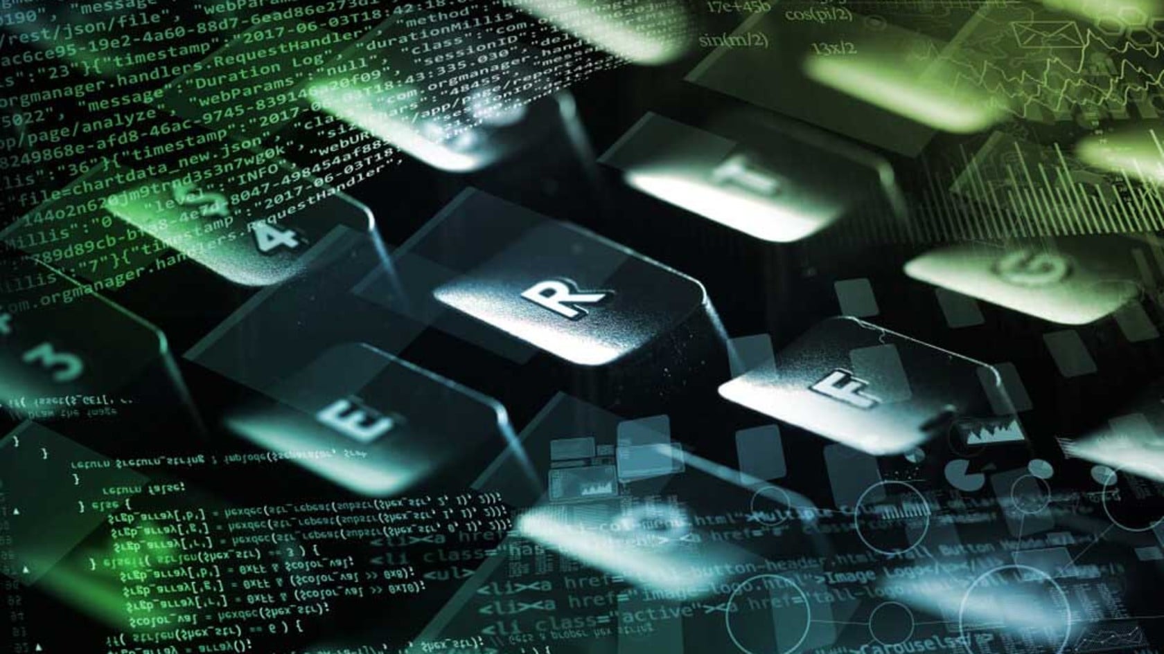 A close-up of a dark backlit keyboard overlaid with lines of code, representing the raw data collected at the start of the threat intelligence lifecycle.