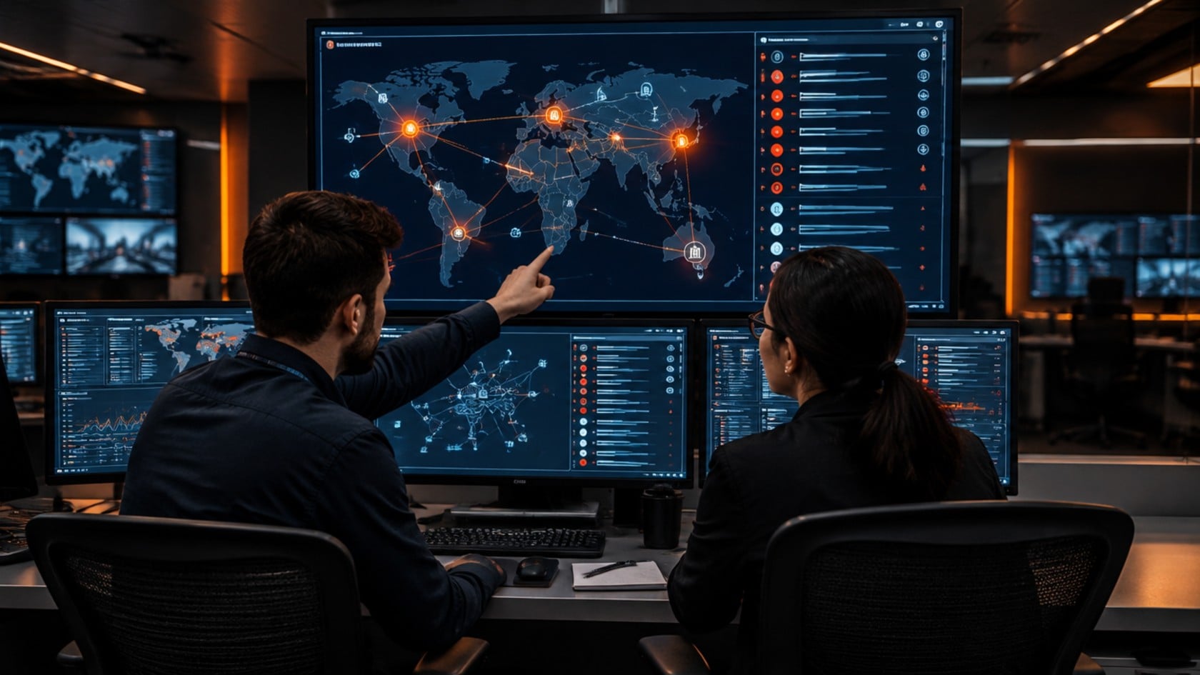 Two security analysts in a security operations centre reviewing a shared world map of connected threat indicators on a large screen