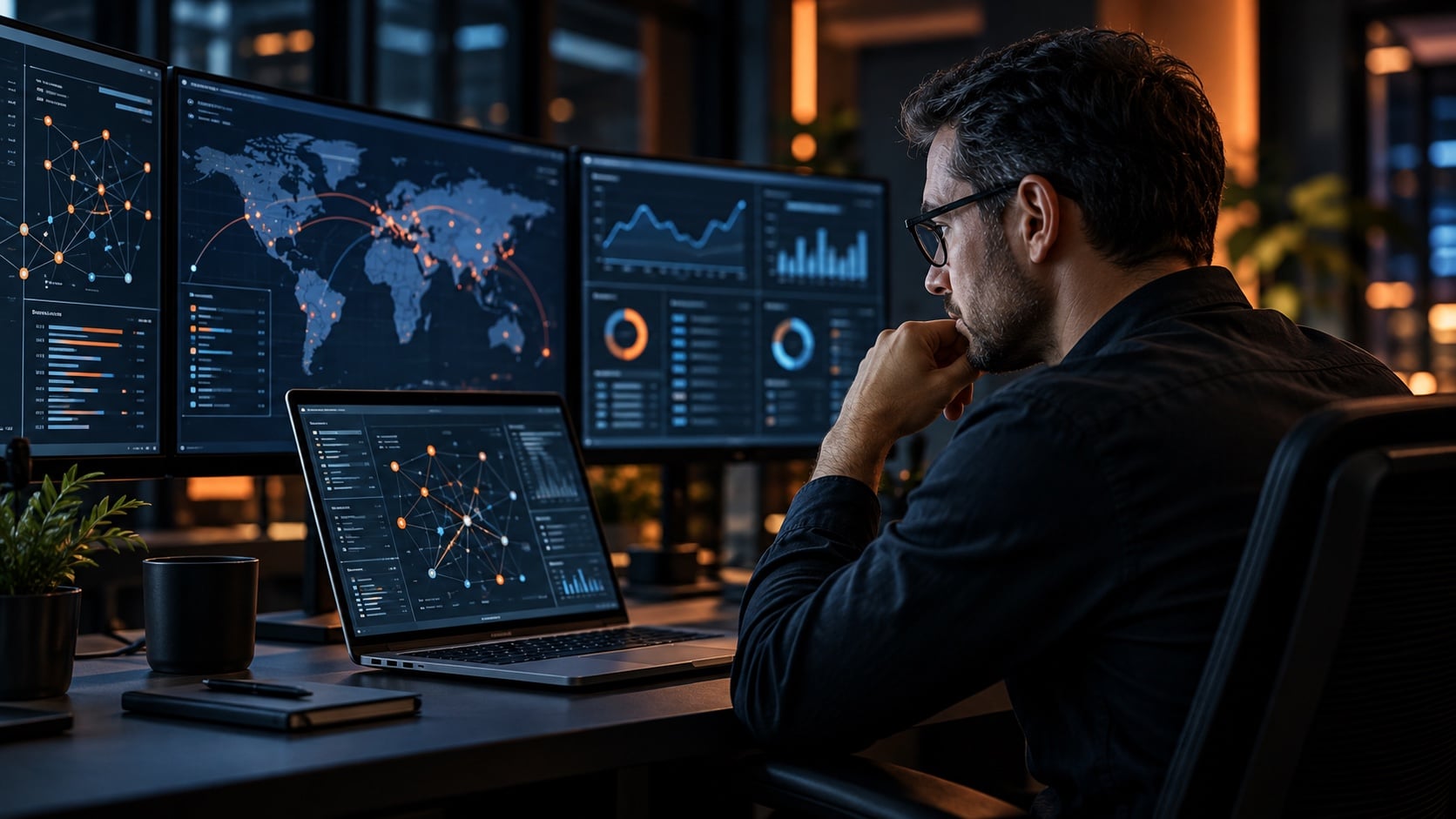 Cybersecurity analyst reviewing network risk data during a penetration testing assessment.