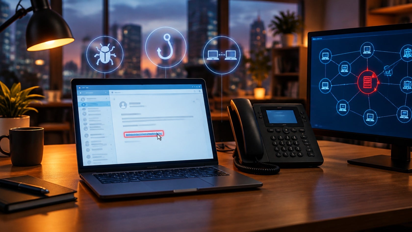Office desk at dusk with a laptop showing a phishing email, a VoIP desk phone and a network map with a compromised node, under icons for malware, phishing and intercepted data