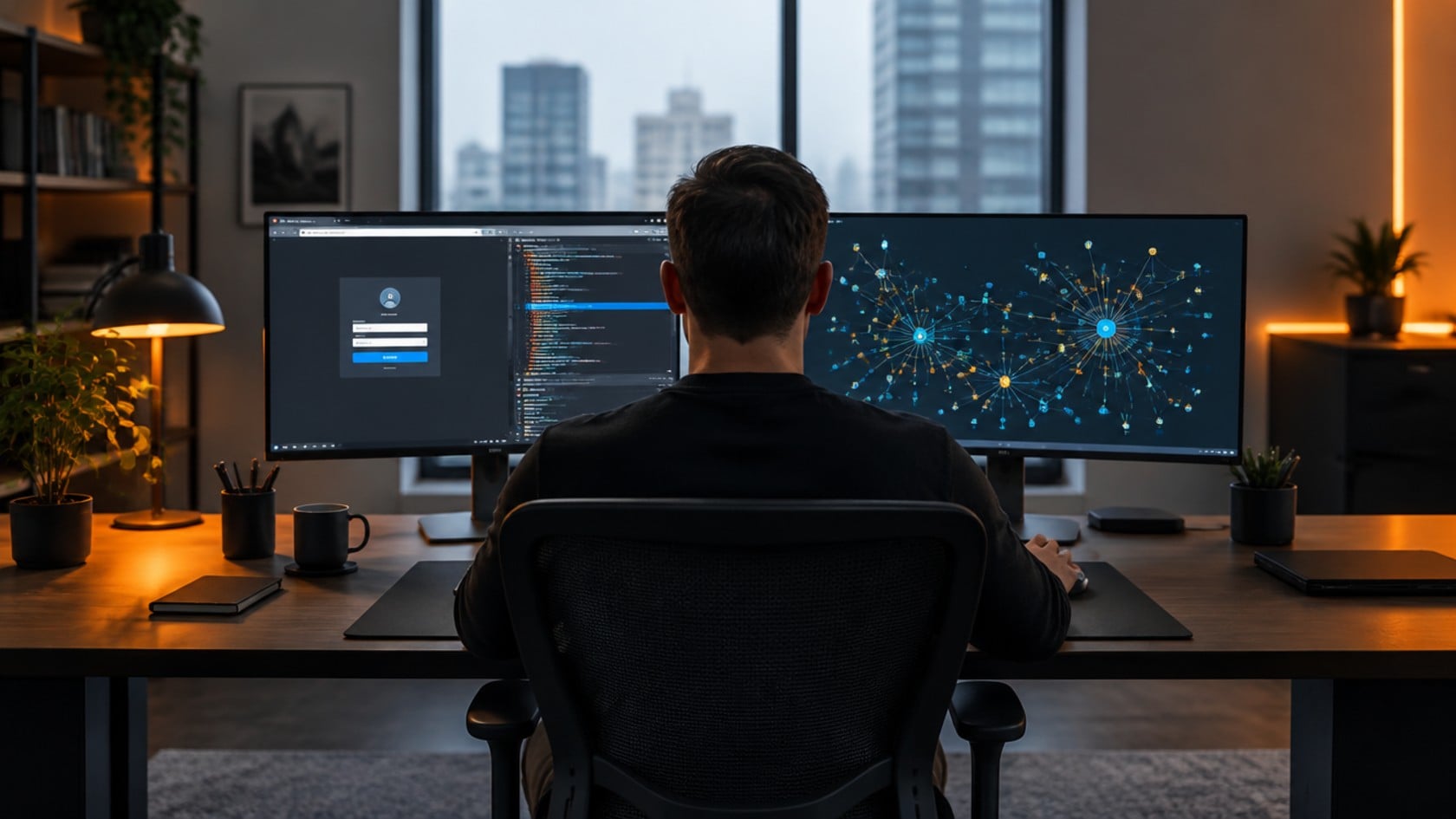 Security analyst at a desk reviewing a web application login page and code on one monitor and a network map on another, lit by a warm orange desk lamp