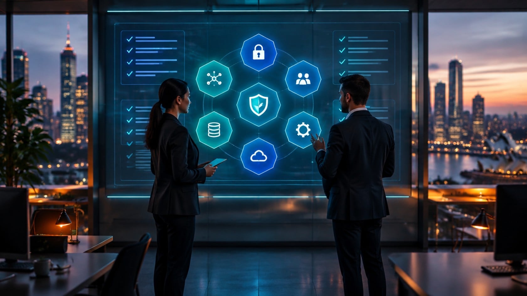 Two security professionals reviewing a cybersecurity framework diagram on a glass display in a Sydney office at dusk