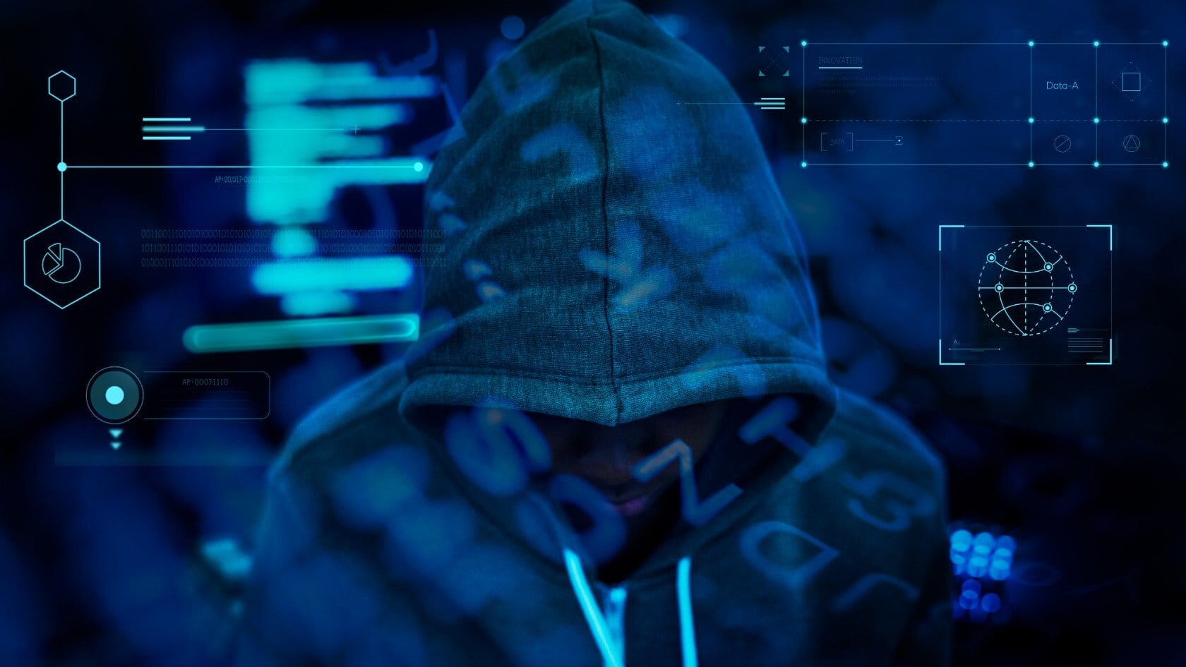 A hooded hacker silhouetted against glowing blue code and network graphics, representing the simulated attacks carried out in a penetration test.