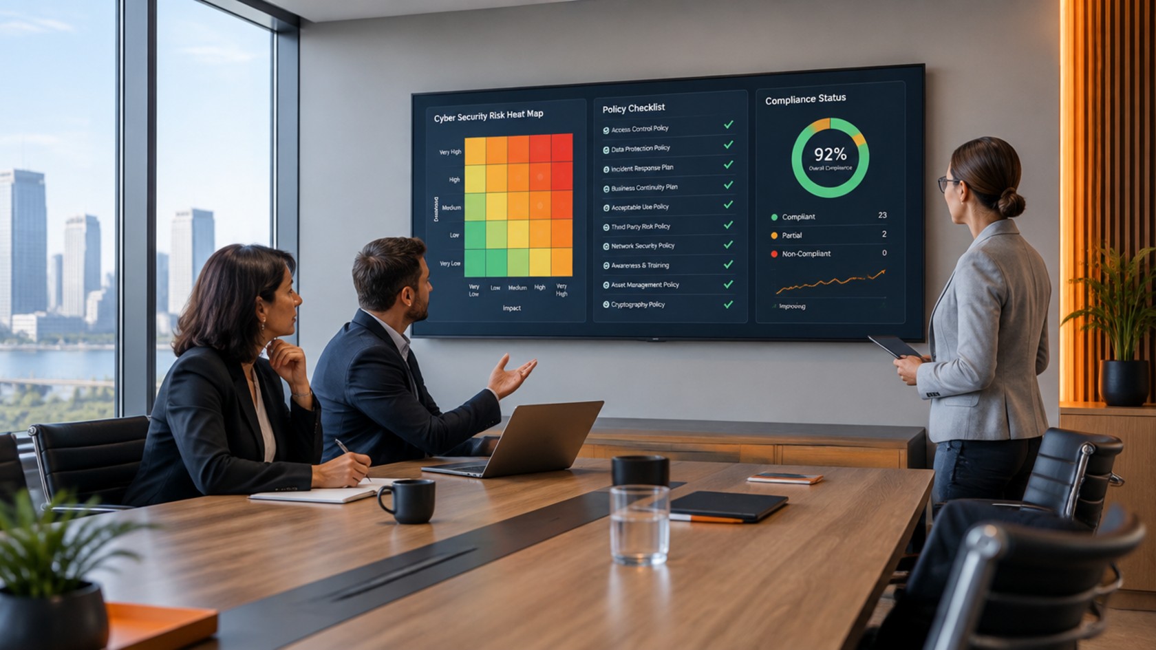 A board director, risk manager and compliance officer reviewing a cyber security dashboard with a risk heat map, policy checklist and compliance status in a modern boardroom