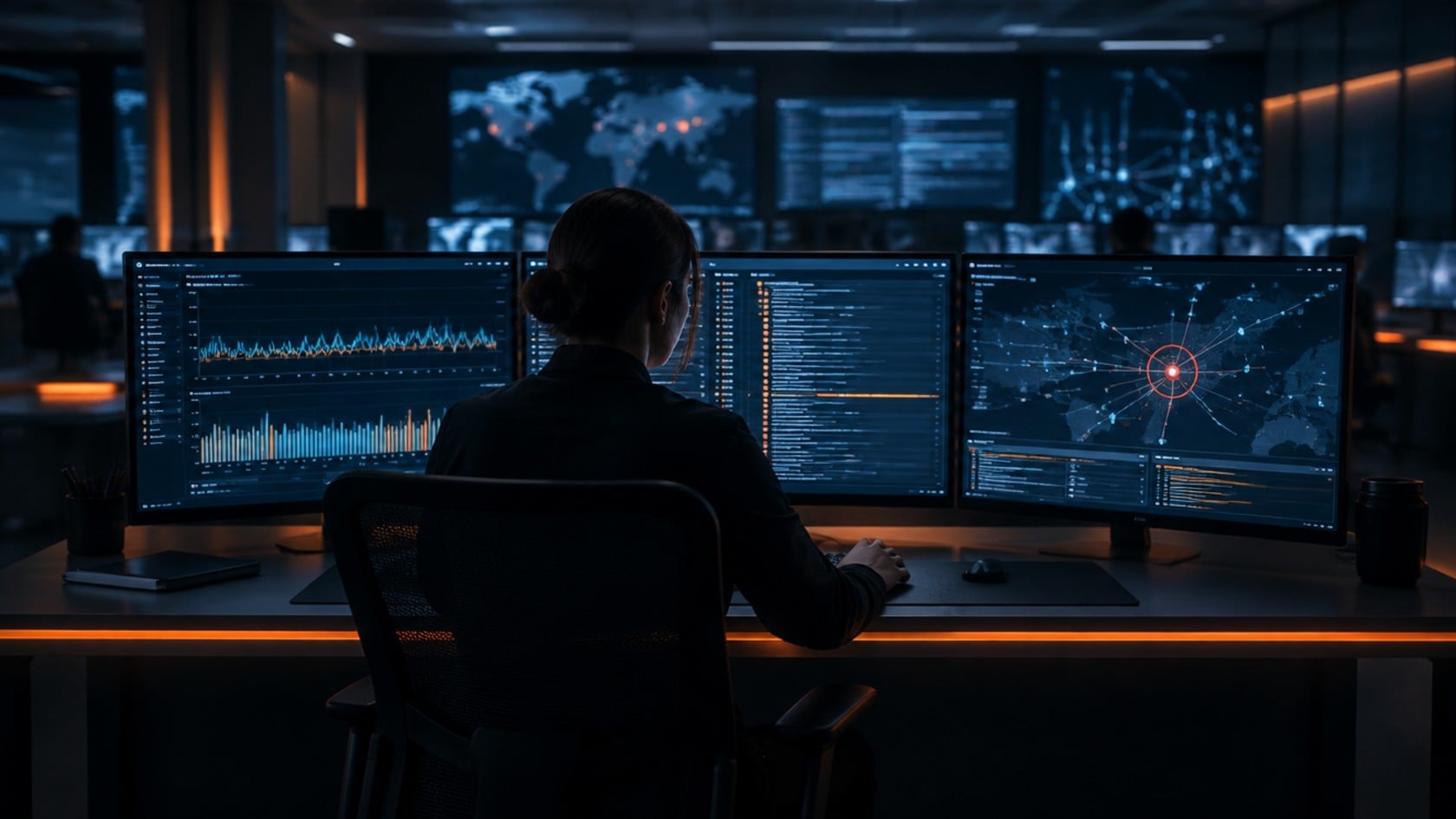Security analyst in a dimly lit security operations centre reviewing network activity and a flagged anomaly on a threat map