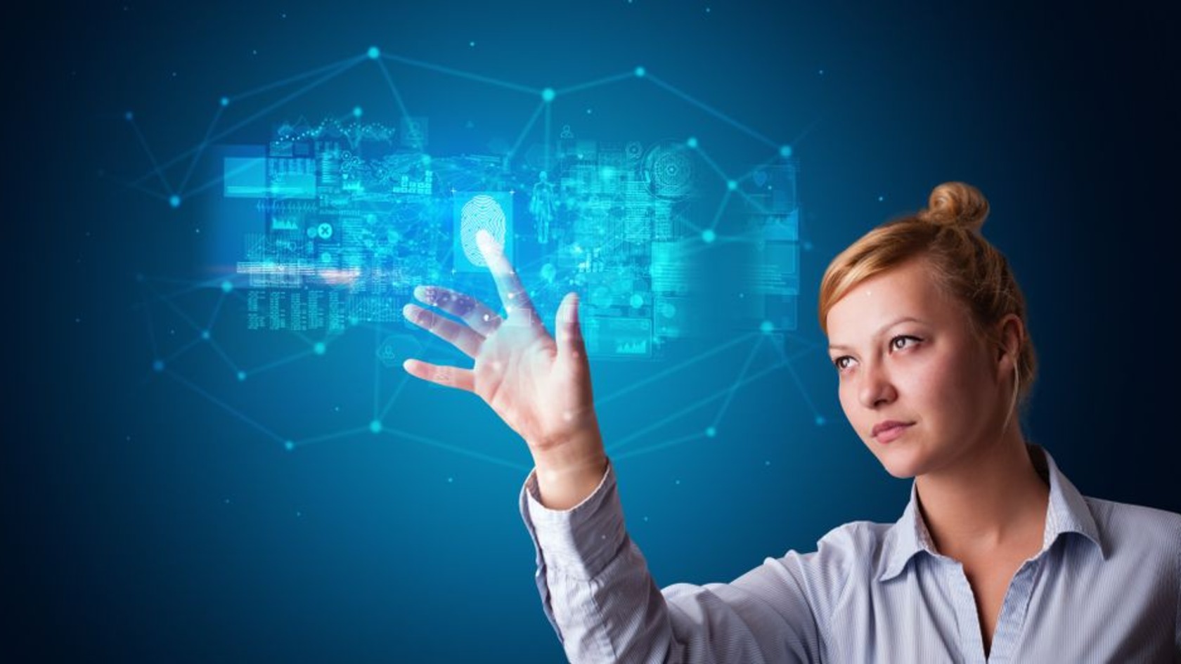 Woman touching a holographic data interface with a fingerprint scan, representing cyber threat intelligence and data analysis