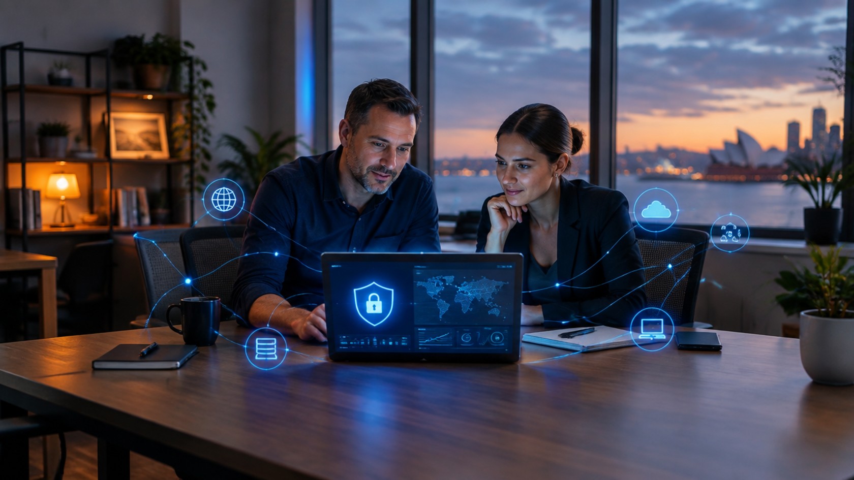 Two colleagues in a Sydney office at dusk reviewing a laptop security dashboard, with glowing network and cloud icons representing how cyber security protects a business.